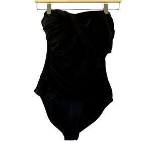 Kenneth Cole NY black strapless one piece swimsuit casual ruched waist open back